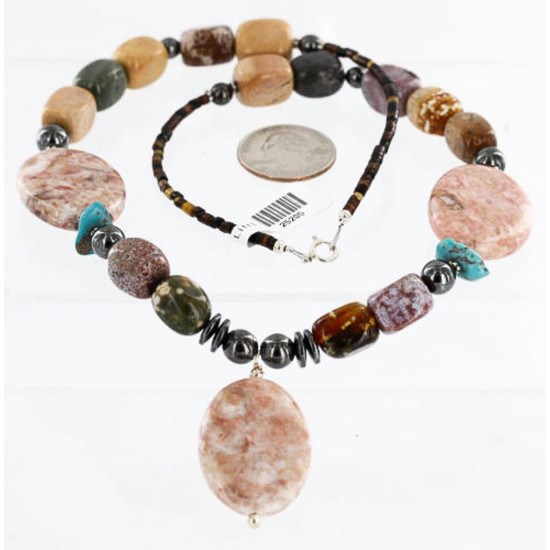 Certified Authentic Navajo .925 Sterling Silver Natural Turquoise and JASPER Native American Necklace 25205