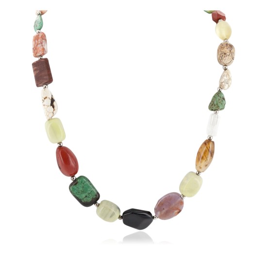 Certified Authentic Navajo .925 Sterling Silver Natural Turquoise and Multicolor Stones Native American Necklace 15343-32