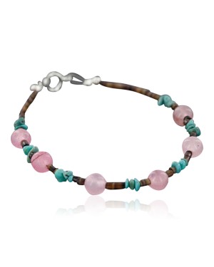 Certified Authentic Navajo .925 Sterling Silver Natural Turquoise and Native American Pink Quartz Bracelet 390742423467