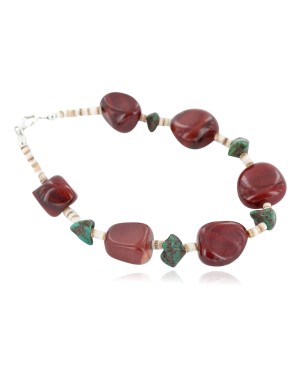 Certified Authentic Navajo .925 Sterling Silver Natural Turquoise and Red Jasper Native American Bracelet 13020-1
