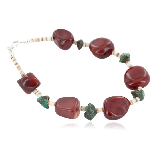 Certified Authentic Navajo .925 Sterling Silver Natural Turquoise and Red Jasper Native American Bracelet 13020-1
