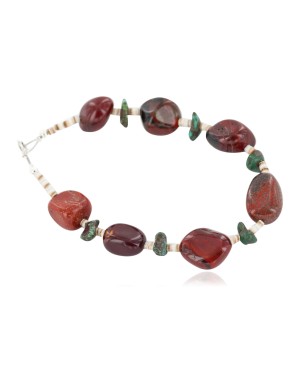 Certified Authentic Navajo .925 Sterling Silver Natural Turquoise and Red Jasper Native American Bracelet 13020-2