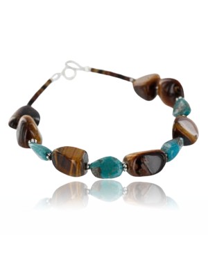 Certified Authentic Navajo .925 Sterling Silver Natural Turquoise and Tigers Eye Native American Bracelet 390751609509