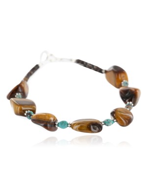 Certified Authentic Navajo .925 Sterling Silver Natural Turquoise and Tigers Eye Native American Bracelet 390754340327