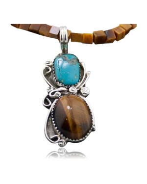 Certified Authentic Navajo .925 Sterling Silver Natural Turquoise and Tigers Eye Native American Necklace 390609530016