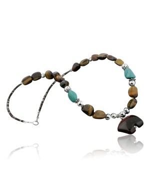 Certified Authentic Navajo .925 Sterling Silver Natural Turquoise and Tigers Eye Native American Necklace 390731818583