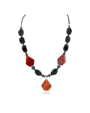 Navajo .925 Sterling Silver Natural Turquoise Black Onyx Carnelian Hematite Native American Necklace 16092-9