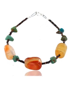 Certified Authentic Navajo .925 Sterling Silver Natural Turquoise Carnelian Native American Bracelet 371004016250