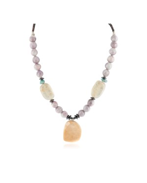 Certified Authentic Navajo .925 Sterling Silver Natural Turquoise Charoite Hematite Smoky Quartz Agate Native American Necklace 790105