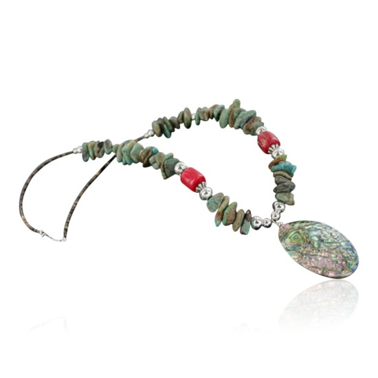 Certified Authentic Navajo .925 Sterling Silver Natural Turquoise, Coral and Abalone Native American Necklace 15422-51