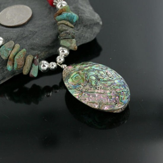 Certified Authentic Navajo .925 Sterling Silver Natural Turquoise, Coral and Abalone Native American Necklace 15422-51