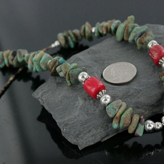 Certified Authentic Navajo .925 Sterling Silver Natural Turquoise, Coral and Abalone Native American Necklace 15422-51