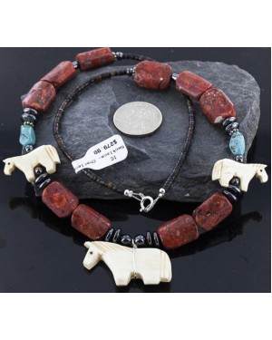 Certified Authentic Navajo .925 Sterling Silver Natural Turquoise, Coral and Bone Native American Necklace 371100703145