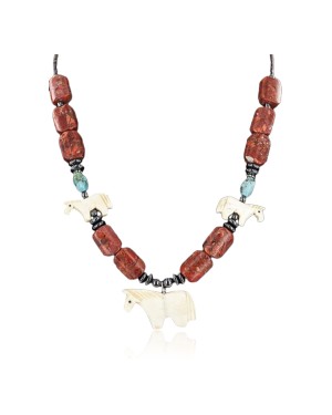 Certified Authentic Navajo .925 Sterling Silver Natural Turquoise, Coral and Bone Native American Necklace 371100703145