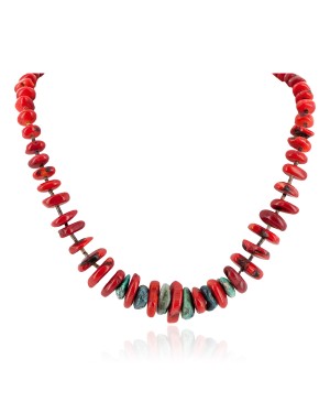 Certified Authentic Navajo .925 Sterling Silver Natural Turquoise Coral Heishi Native American Necklace 15778-35