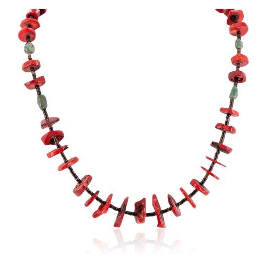 Certified Authentic Navajo .925 Sterling Silver Natural Turquoise Coral Heishi Native American Necklace 25235-4