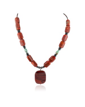 Certified Authentic Navajo .925 Sterling Silver Natural Turquoise Coral Hematite Native American Necklace 25215-102