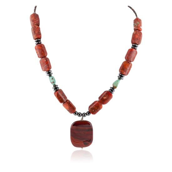 Certified Authentic Navajo .925 Sterling Silver Natural Turquoise Coral Hematite Native American Necklace 25215-102