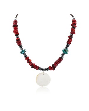 Certified Authentic Navajo .925 Sterling Silver Natural Turquoise Coral Hematite Native American Necklace 750199-4