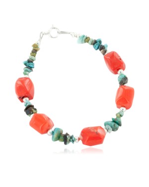 Certified Authentic Navajo .925 Sterling Silver Natural Turquoise Coral Native American Bracelet 12977-1