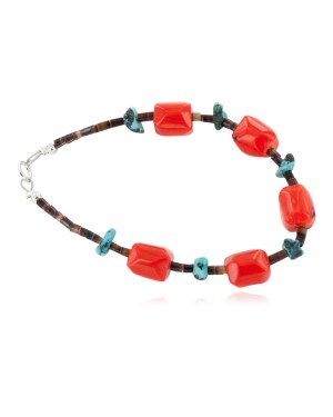 Certified Authentic Navajo .925 Sterling Silver Natural Turquoise Coral Native American Bracelet 12977-2