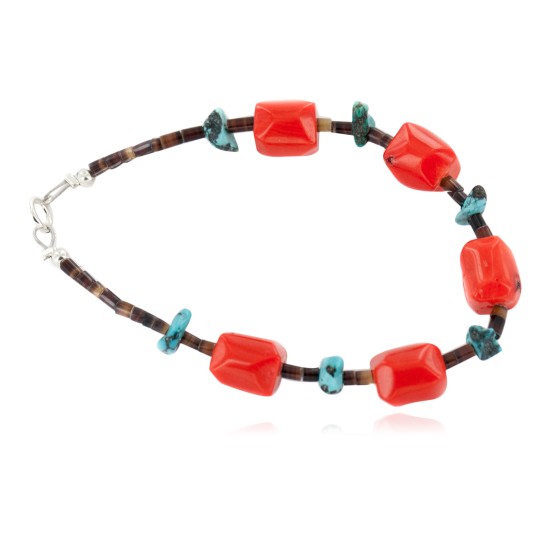 Certified Authentic Navajo .925 Sterling Silver Natural Turquoise Coral Native American Bracelet 12977-2