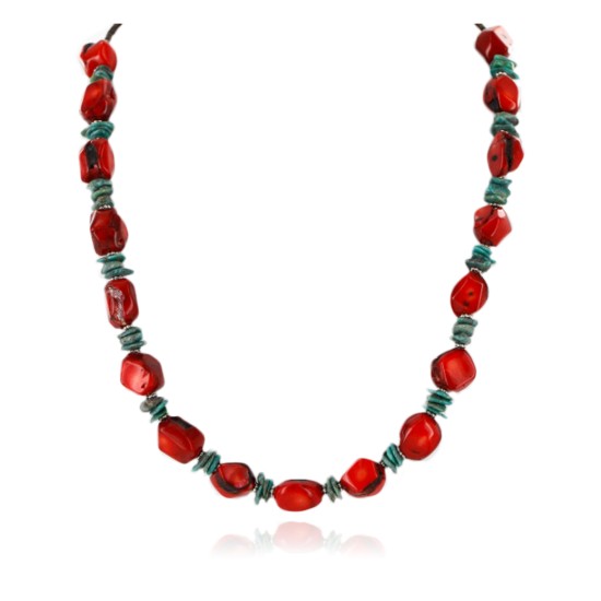 Certified Authentic Navajo .925 Sterling Silver Natural Turquoise Coral Native American Necklace 15998