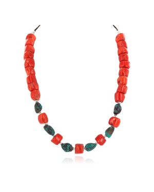 Certified Authentic Navajo .925 Sterling Silver Natural Turquoise Coral Native American Necklace 25341-2