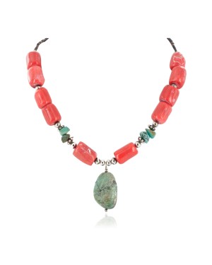 Certified Authentic Navajo .925 Sterling Silver Natural Turquoise Coral Native American Necklace 750100-16