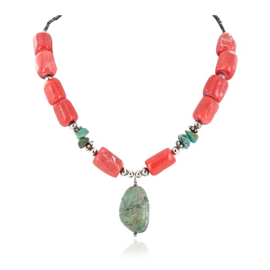 Certified Authentic Navajo .925 Sterling Silver Natural Turquoise Coral Native American Necklace 750100-16