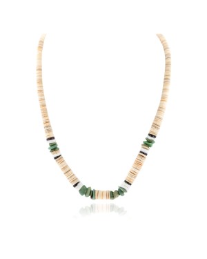 Certified Authentic Navajo .925 Sterling Silver Natural Turquoise Graduated Melon Shell and Heishi Native American Necklace 15845-7