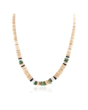 Certified Authentic Navajo .925 Sterling Silver Natural Turquoise Graduated Melon Shell and Heishi Native American Necklace 15845-8