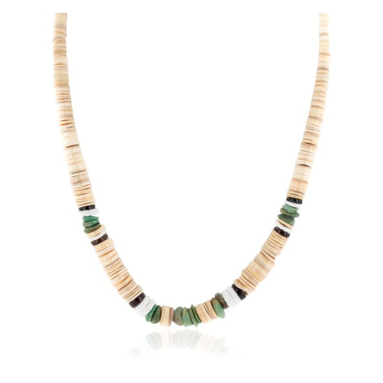 Certified Authentic Navajo .925 Sterling Silver Natural Turquoise Graduated Melon Shell and Heishi Native American Necklace 15845-8