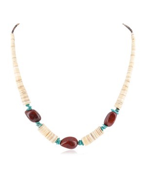 Certified Authentic Navajo .925 Sterling Silver Natural Turquoise Graduated Melon Shell and Red Jasper Native American Necklace 25235-3