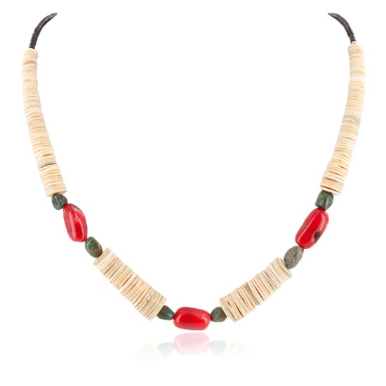 Certified Authentic Navajo .925 Sterling Silver Natural Turquoise Graduated Melon Shell Coral Native American Necklace 25228-1