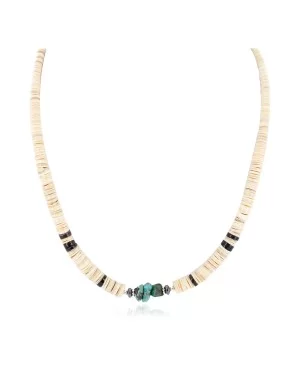Navajo .925 Sterling Silver Natural Turquoise Graduated Melon Shell Hematite Native American Necklace 14905-3