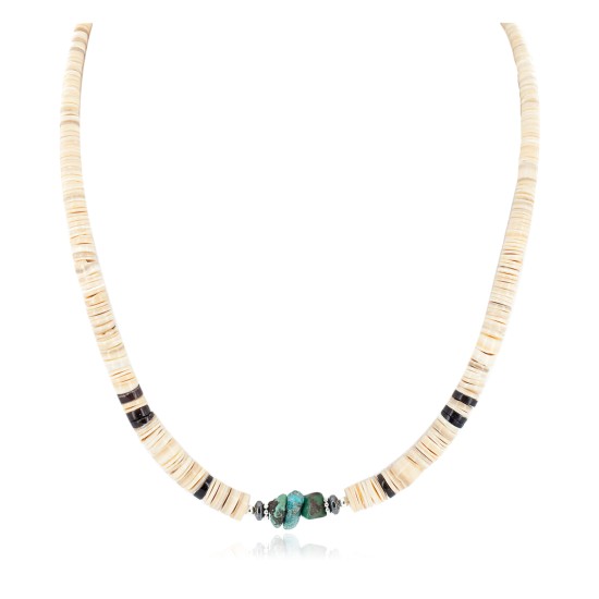 Certified Authentic Navajo .925 Sterling Silver Natural Turquoise Graduated Melon Shell Hematite Native American Necklace 14905-3
