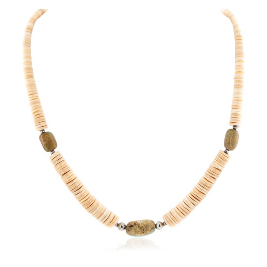 Certified Authentic Navajo .925 Sterling Silver Natural Turquoise Graduated Melon Shell Native American Necklace 15213-7