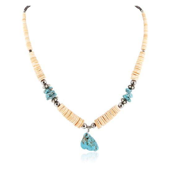 Certified Authentic Navajo .925 Sterling Silver Natural Turquoise Graduated Melon Shell Native American Necklace 15412-5