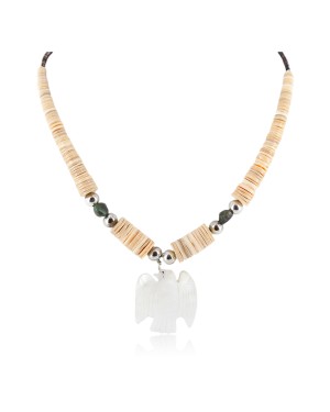 Certified Authentic Navajo .925 Sterling Silver Natural Turquoise Graduated Melon Shell Shell Bird Native American Necklace 750124-1