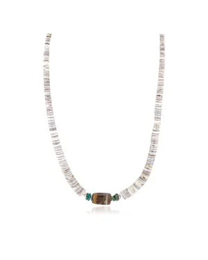 Navajo .925 Sterling Silver Natural Turquoise Graduated Melon Shell Tigers Eye Necklace 20 Inch
