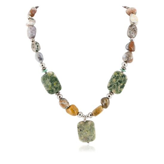 Certified Authentic Navajo .925 Sterling Silver Natural Turquoise Green Jasper Agate Native American Necklace 15422-67