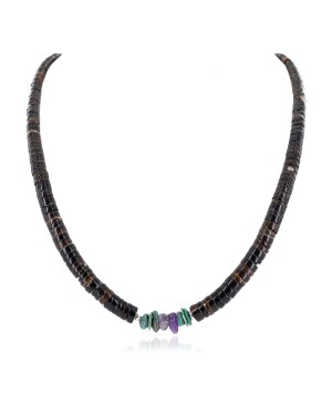 Certified Authentic Navajo .925 Sterling Silver Natural Turquoise Heishi Amethyst Native American Necklace 25285-1