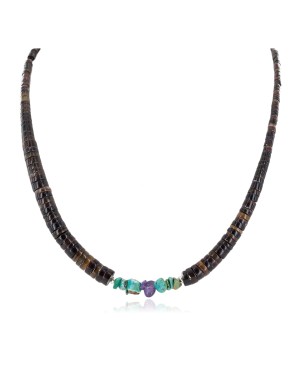 Certified Authentic Navajo .925 Sterling Silver Natural Turquoise Heishi Amethyst Native American Necklace 25285-2