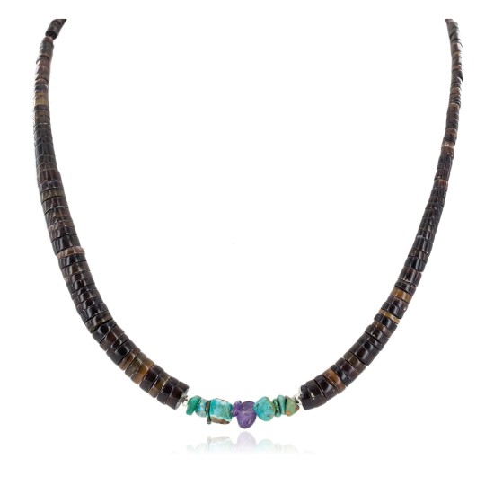 Certified Authentic Navajo .925 Sterling Silver Natural Turquoise Heishi Amethyst Native American Necklace 25285-2