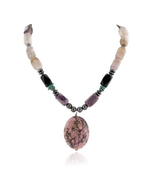 Certified Authentic Navajo .925 Sterling Silver Natural Turquoise Hematite Charoite Agate and Black Onyx Native American Necklace 15868-20