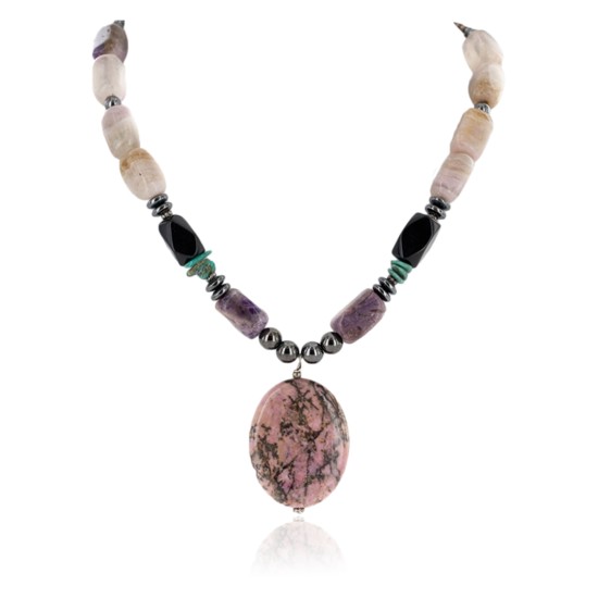 Certified Authentic Navajo .925 Sterling Silver Natural Turquoise Hematite Charoite Agate and Black Onyx Native American Necklace 15868-20