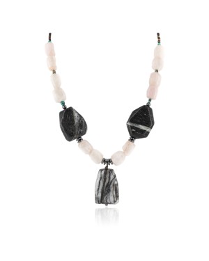 Certified Authentic Navajo .925 Sterling Silver Natural Turquoise Hematite Snowflake Stone and Pink Quartz Native American Necklace 15800-22