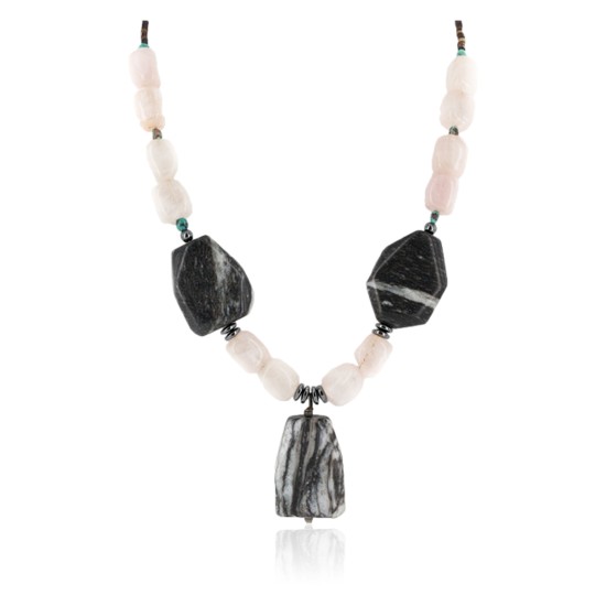 Certified Authentic Navajo .925 Sterling Silver Natural Turquoise Hematite Snowflake Stone and Pink Quartz Native American Necklace 15800-22 Certified Authentic Navajo .925 Sterling Silver Natural Turquoise Hematite Snowflake Stone and Pink Quartz Native American Necklace 15800-22