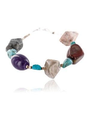 Certified Authentic Navajo .925 Sterling Silver Natural Turquoise, Jasper and Agate Native American Bracelet 371000092097